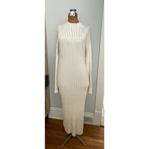 & Other Stories Sz M Ribbed Maxi Dress Cream Stretch Bodycon Minimalist Sleek